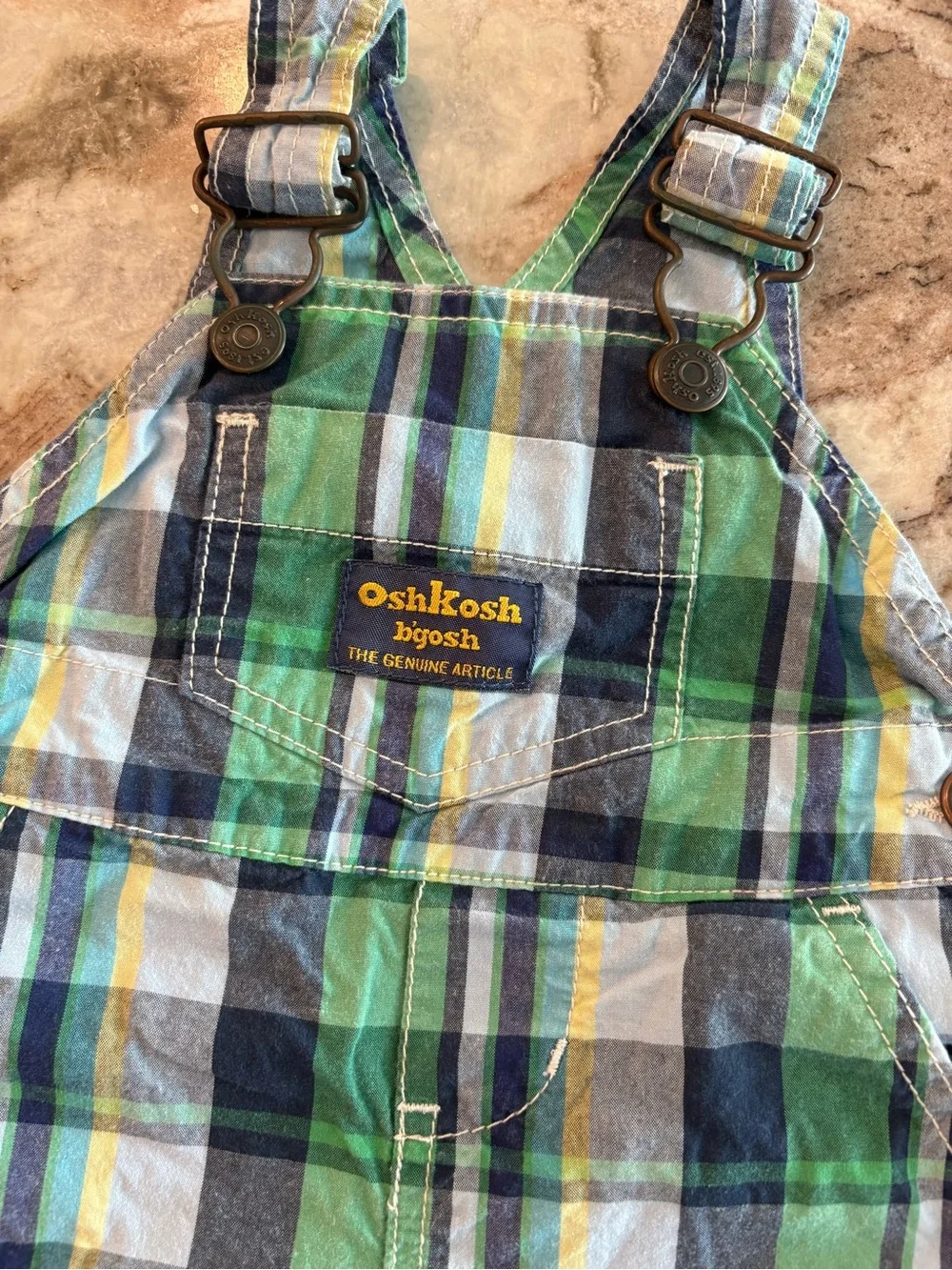 OshKosh Boys Preppy Plaid Overall Shorts Vestbak Cotton Blue Green 3 Months